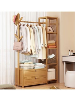Buy Heavy Duty Wooden Indoor Bedroom Clothes Coat Stand with Top Rod and Lower Storage Shelf Coat Rack with 5 layers Racks in UAE