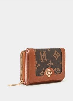 Buy Monogram Print Bi-Fold Wallet with Zip and Flap Closure in Saudi Arabia