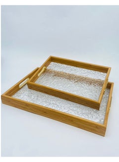 Buy 2-Piece Advanced Wavy Rectangular Serving Tray Set Clear/Wooden in Saudi Arabia