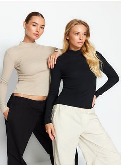 Buy 2-Pack Black-Beige Ribbed Standing Collar Fitted/Situated Long Sleeves Stretch Knit Blouse TWOAW24BZ00257 in Egypt