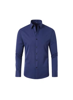 اشتري Men's Elastic Long Sleeve Shirt Solid Youth Men's Wear Non iron Shirt Dark Blue في السعودية