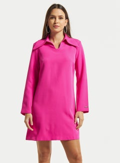 Buy Iconic Solid Shift Dress with Collar and Long Sleeves in Saudi Arabia
