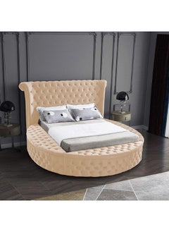 Buy Lotus | Wooden Bed Frame Upholstered in Velvet - Beige in Saudi Arabia