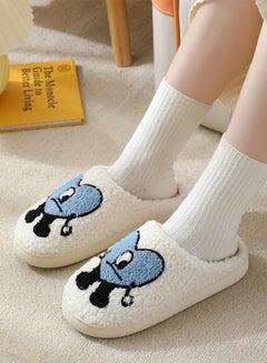 Buy Lovely Cartoon Embroidery Warm Indoor Bedroom Slides Autumn and Winter Women Men Couple Flat Household Slippers with Love Pattern White+Blue in UAE