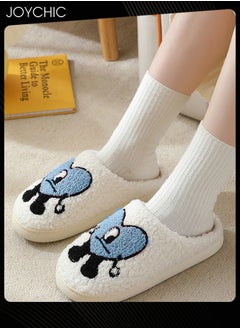 Buy Lovely Cartoon Embroidery Warm Indoor Bedroom Slides Autumn and Winter Women Men Couple Flat Household Slippers with Love Pattern White+Blue in UAE