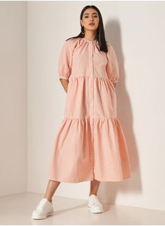 Buy Seersucker Checked Tiered Dress with Short Puff Sleeves in Saudi Arabia