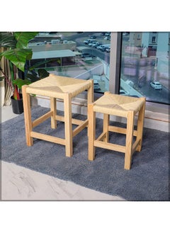 Buy Set Of 2 Foot Stool, Rattan Square Wooden Stool, Natural Seagrass Footstool, Handmade Vintage Footrest Ottoman Stool, Portable Bed Side Vanity Stool, Dressing Stool For Living Room and Home Decor in UAE