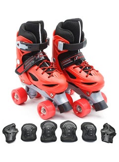 Buy Roller Skates Adjustable Size Double Row 4 Wheel Skates Children Skates for Boys And Girls Including Protective Gear Knee Elbow Wrist Red Colour in UAE