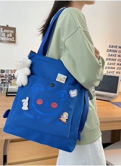 Buy Lovely Bear Printed Canvas Bag Large Capacity Casual Student Backpack Multifunction Tote Bag School Bag with Cartoon Pendant Blue for Middle High School Students in UAE