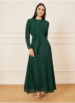 Buy Ruffle Detail Pleated A-Line Maxi Dress with Self Tie Up in Saudi Arabia