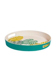 Buy Leaf Print Bamboo Fibre Round Tray Multicolour 38 cm DP20485BF in Saudi Arabia