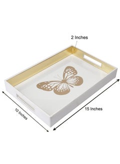 Buy VOIDROP Faux Leather Butterfly Printed Tray White Faux Leather Trays for Coffee Table Rectangle Tray with Handles in UAE