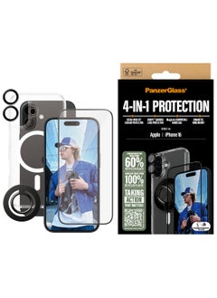 Buy PanzerGlass® 4-in-1 Protection Bundle for iPhone 16, Magsafe compatible HardCase, Ultra-Wide Fit Screen Protector, HoopsTM camera lens Protector, Magnetic ring mount - with mounting aid for easy installation in UAE