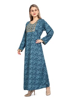 اشتري EMBROIDERD AND PRINTED BLUE COLOUR CASUAL ARABIC KAFTAN JALABIYA DRESS في السعودية