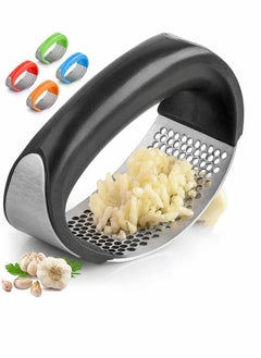 Buy Stainless Steel Garlic Press Rocker Set - Premium Mincer With Silicone Peeler & Scraper Arc Shape Design Crusher Comfortable Grip (Black) in Saudi Arabia