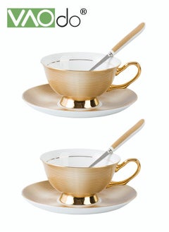 Buy 2PCS Coffee and Saucer Set With Spoon Thin Through Bone China Hand-painted Gold Black Tea Teacup Afternoon Teacup and Saucer Spoon Set Gold in UAE