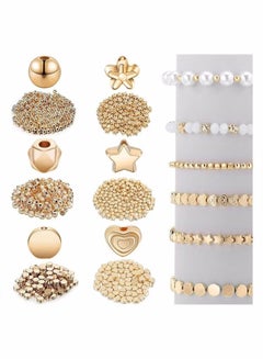اشتري 1200 Pieces Spacer Beads Set Star Round Ball Beads Faceted Spacer Beads Heart Beads Flower Beads Flat Disc Beads for Bracelet Earring Necklace Jewelry Making (Gold) في الامارات