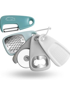 Buy Set 5 Pieces, Space Saving Cooking Tools Cheese Grater Bottle Opener Fruit Vegetable Peeler Pizza Cutter Garlic Ginger Grinder Stainless Steel Accessories Dishwasher Safe Blue in Saudi Arabia