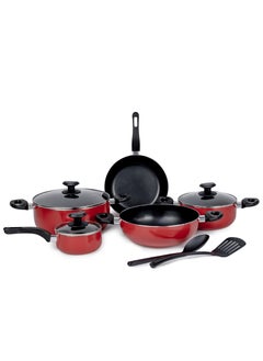 اشتري Presto 10 Piece Non-Stick Cookware setNon Stick AluminiumCasseroleSauce Pan Fry Pan Solid Spoon Turner Red & Black في الامارات