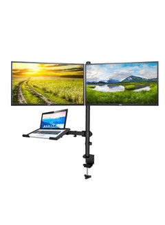 Buy Dual LCD LED Monitor Desk Mount Stand Double Monitor Desk Stand Heavy Duty Fully Adjustable Arms With Laptop Tablet Tray Stand in Saudi Arabia