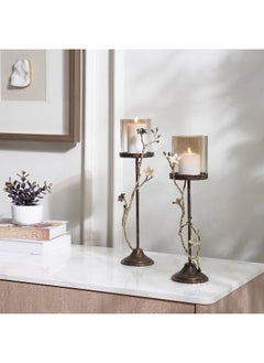 Buy Iris Flower Branch Design Metal Pillar Candle Holder 13.5X11X39Cm- Antique Gold in UAE