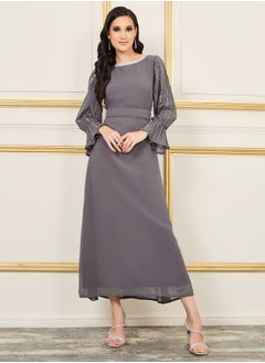 Buy Embellished Sleeves Lace Trim Neck A-Line Maxi Dress in Saudi Arabia