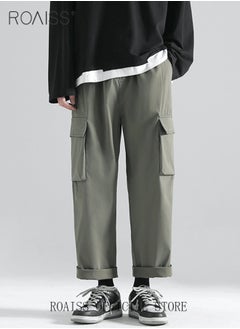 Buy Men's Ankles-tied Loose Straight Cargo Pant Multi-Pocket Polyester Cargo Pants Wide Leg Pants in UAE