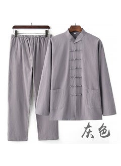 Buy Mens Cotton Linen Tang Suit Long Sleeve Traditional Chinese Outfit Gray 2-Piece Set (only 9 pieces left) in Saudi Arabia