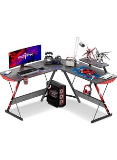 Buy L-Shaped Computer Gaming Desk with Carbon Finished Surface, Headset Hook, Cup Holder and Accessories Stand in UAE