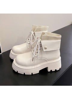 Buy Martin boots for women 2023 autumn and winter New British style retro fleece-lined all-match soft bottom short thick bottom short boots fashionCreamy-white single boots Creamy-white single boots in UAE