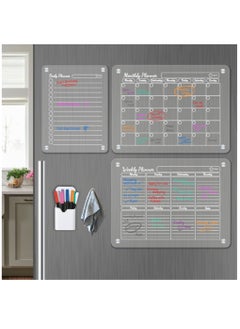 Buy ESSEN 3 Acrylic Magnetic Planners Monthly Weekly Daily Family Planner Set of 3 Magnetic Calendars for Fridge 8 Markers, 1 Towel Eraser, Clear Planner Board for Home Office in UAE