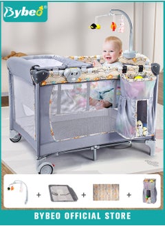 اشتري 4-in-1 Baby Crib, Babies Bed and Bassinet with Changing Table, Adjustable Travel Cribs and Nursery Center, Portable Playard with Comfortable Mattress, Large Capacity Storage Shelf and Toys في الامارات