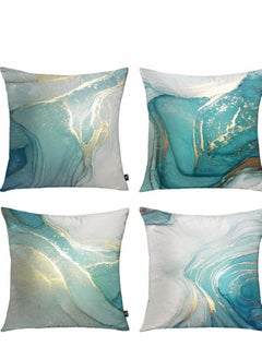 اشتري Throw Pillow Covers, Marble Texture Turquoise and Gold Silver Decorative Case Set of 4, Luxury Abstract Fluid Art Ink Soft Velvet Square Cushion Covers for Bed Sofa Home Decor في الامارات