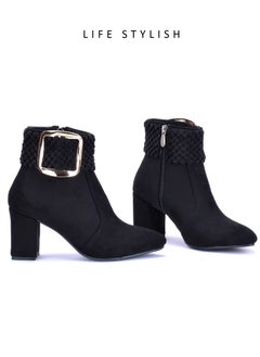 Buy R-7 An Elegant Suede Heeled Boot By Buckle Strap - Black in Egypt