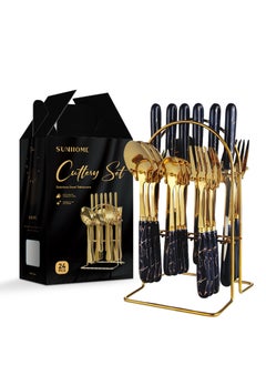 Buy 24Piece Stainless Steel Cutlery Fork Knife and Spoon Set with Stand Black in Saudi Arabia