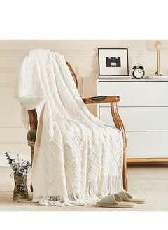 Buy Knitted Throw Blankets for Couch and Bed, Soft Cozy Knit Blanket with Tassel, Off White Lightweight Decorative Blankets and Throws, Farmhouse Warm Woven Blanket (white, 50"x60") in Saudi Arabia