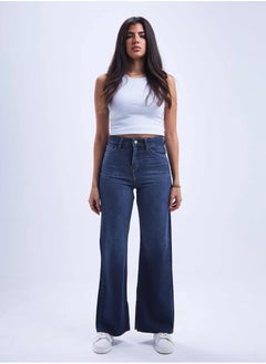 اشتري High-Waist Navy Blue Split Hem Straight Wide Leg Jeans. في السعودية