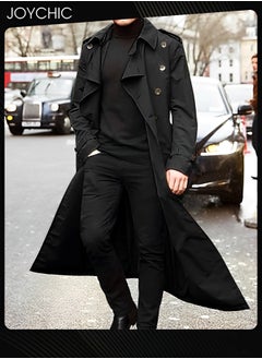 Buy Trendy Solid Color Autumn and Winter Long Sleeve Trench Coat for Men Epaulettes Full Length Lightweight Casual Business Walk Outdoor Windproof Warm Black in UAE