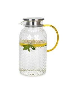 اشتري Transparent Pitcher Jug Borosilicate Glass Heat Resistant With Arc Shape Handle And Stainless Lid, Leakproof, Great for Hot/Cold Water,Carafe For Handmade Juices and Smoothies 1900ml في الامارات