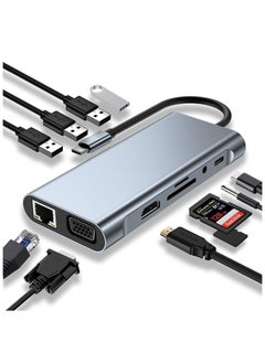 اشتري USB C HUB, USB C Adapter 11 in 1 Dongle with 4K HDMI, VGA, Type C PD, USB3.0, RJ45 Ethernet, SD/TF Card Reader, 3.5mm AUX, Docking Station Compatible with MacBook Pro/Air, Other Type C Laptops Devices في الامارات