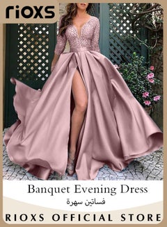 Buy Women's Lace Sequin High Split Large Hem Gown High Waist Slimming Long Dress Elegant Wedding After-party Cocktail Party Dress for Ladies in UAE