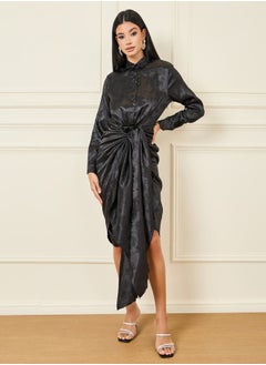 Buy Satin Jacquard Print Tie Up Detail Shirt Midi Dress in Saudi Arabia