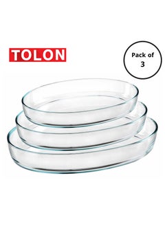 Buy Tolon baking tray set, made of glass, 3 pieces, transparent, large tray 1*4, medium tray 1*3.2, tray 1*2.4 liters in Saudi Arabia