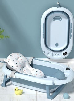 Buy Foldable Collapsible Baby Bathtub With Mat and Temperature Sensing Thermometer White and Blue For Newborn Kids Child Toddlers Blue in Saudi Arabia