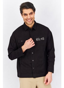 Buy Men Oversized Fit Textured Long Sleeve Jacket Shirt, Black in UAE