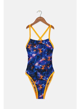 Buy Women Non Padded Printed Sleeveless One Piece, Blue and Orange in Saudi Arabia