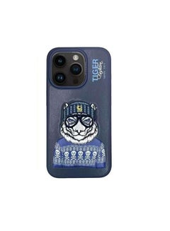 Buy Fergus Tiger Series Leather Phone Case with 3D Rises Letters and Embroidery Design for iPhone 15 Pro Max- Navy in UAE