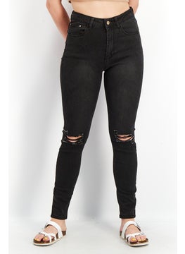 Buy Women Regular Fit Plain Stretchable Ripped Jeans, Black in Saudi Arabia