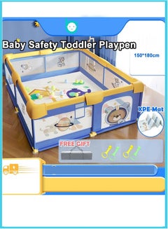 Buy Baby Playpen for Babies and Toddlers, Play Yard Without Mat 150*180CM inch Small Baby Play Pen for Apartment, Playful Cartoon Printed Design Blue in Saudi Arabia