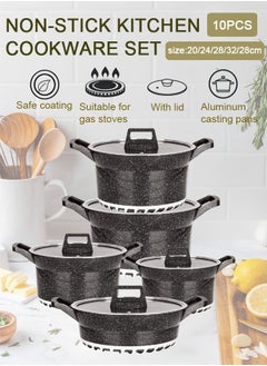 Buy 10-Piece Kitchen Cookware set, Casserole Set And Frying Pan With Non Stick Cookware sets ,Finish Glass lid PFOA-Free  20-24-28-32 cm (Deep Stockpot) + 28 cm (Shallow Stockpot)（Black） in Saudi Arabia